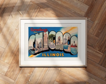Postal retro de Chicago, Illinois, decoración americana, arte de viajes, estilo moderno de mediados de siglo.