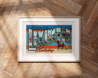 Saludos desde Lexington, Kentucky. Lámina de estilo retro americano, decoración de postales vintage, arte de viajes, estilo moderno de mediados de siglo.