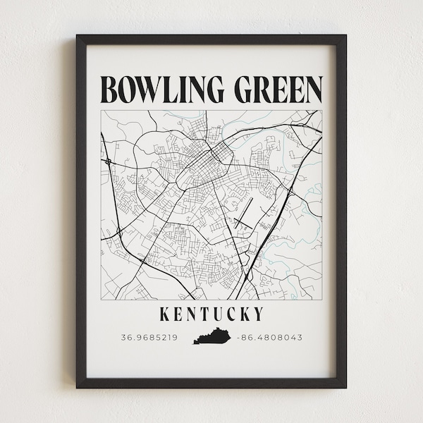 Bowling Green, Kentucky, Bowling Green Map, Bowling Green Print, Western Kentucky, Kentucky Map, Map of Bowling Green, Travel Art
