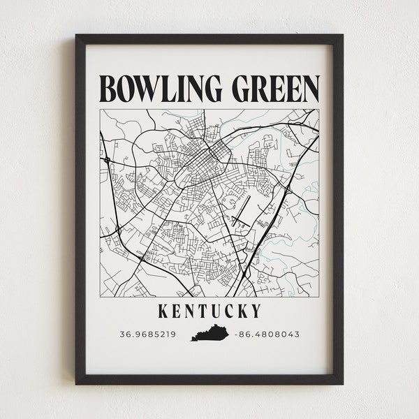 Bowling Green, Kentucky, carte de Bowling Green, impression de Bowling Green, Western Kentucky, carte du Kentucky, carte de Bowling Green, art du voyage