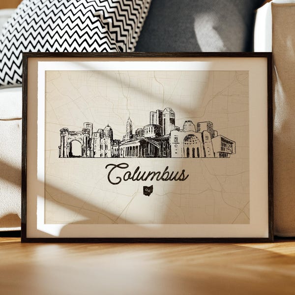 Columbus Ohio Print: Landmark Skyline Art, Retro Art