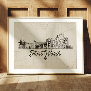 Fort Worth Texas Retro Print: Cityscape Illustration, Street Map Art
