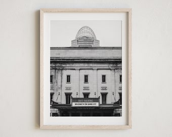 Cincinnati Theater, Photography, Cincinnati Skyline Photo, Black and White Downtown Cincinnati Ohio, Cincinnati Print, Cincinnati Landmark