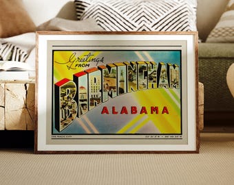 Birmingham Print, Greetings from Birmingham, Retro Alabama Decor, Vintage Style Birmingham Print, Retro Art, Magic City, Birmingham Poster