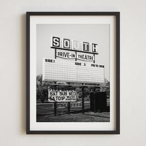Drive In Theater Photo, Americana Decor, Drive-In Theatre, Retro Wall Art, Black and White Photo, South Theater, Photography Print