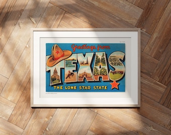 Postal con el mensaje "Saludos desde Texas", decoración americana, arte retro de viajes, estilo moderno de mediados de siglo.