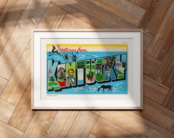 Saludos desde Kentucky. Postal retro, decoración americana, arte de viajes, estilo moderno de mediados de siglo.