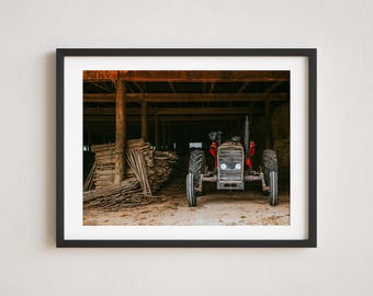 Tobacco Barn Photography, Tobacco Photo, Tobacco Sticks, Rustic Wall Art, Farmhouse Decor, Tractor in a Barn