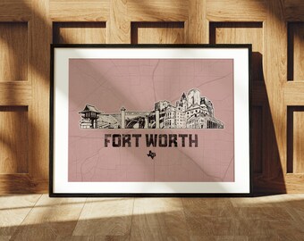 Impresión de Fort Worth, Texas, Decoración de Fort Worth, TX, Ilustración de Texas, Arte de mapa de Fort Worth, Impresión de paisaje urbano, Corral de ganado de Fort Worth