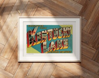 Postal retro con saludos desde el lago Kentucky, decoración americana, arte de viajes, estilo moderno de mediados de siglo.