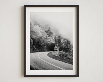 Black and White Mountain Photography, Blue Ridge Mountains, Mountains Photography Print, Asheville, North Carolina Photo, Craggy Tunnel