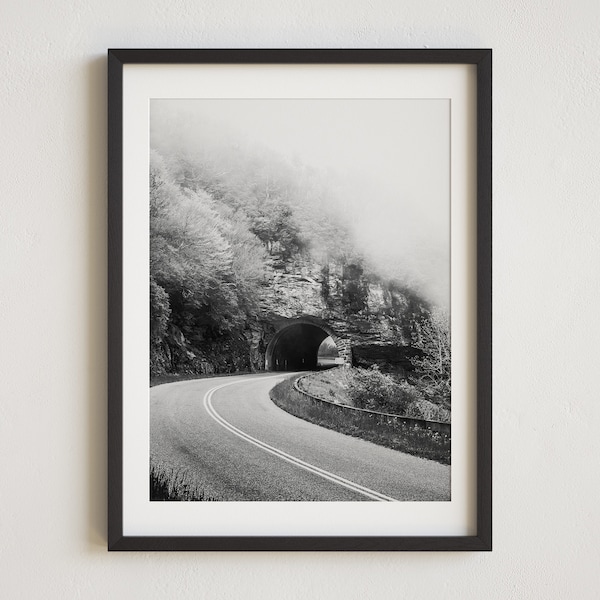 Black and White Mountain Photography, Blue Ridge Mountains, Mountains Photography Print, Asheville, North Carolina Photo, Craggy Tunnel