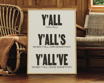 Yall Print, Southern Home Decor, Y'all Poster, Southern Print, Y'all Print, Typography Print, Southern Slang