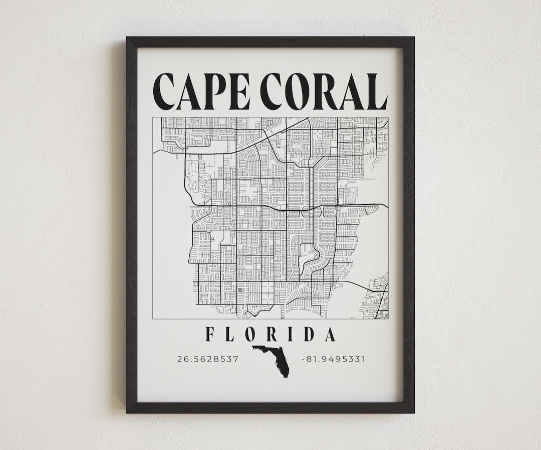 Cape Coral Print, Florida Map Art, Cape Coral Road Map Poster, Minimalist Modern Florida Wall ...