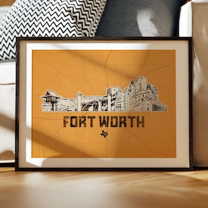 Fort Worth Texas Print, Ft Worth Decor, Texas Illustration, Ft Worth TX, Fort Worth Map Art, Cityscape Print, Fort Worth Stockyard