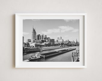 Downtown Nashville Photo, Cumberland River, Black and White Nashville Tennessee Photography, Nashville Skyline Print, Nashville Wall Art