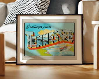 Saludos desde Tennessee. Impresión, postal vintage de letras grandes para pared, decoración retro, el estado de Tennessee.