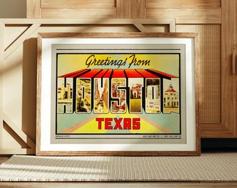 Retro Houston Texas Print, Houston Wall Art, Retro Texas Decor, Vintage Houston, Greetings from Houston, Retro Art, Texas Poster