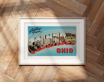 Saludos desde Columbus, Ohio. Impresión, postal retro, efímero, arte de viajes moderno de mediados de siglo.