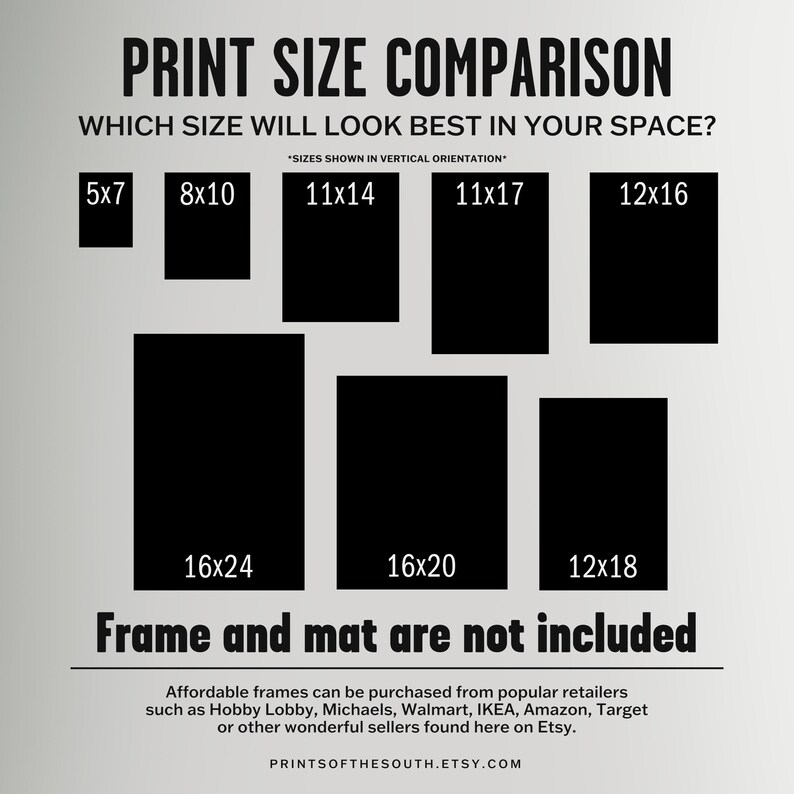 Op de afbeelding: Een grafiek die verschillende afdrukformaten in inches laat zien, met de tekst "Vergelijking afdrukformaten" en "Welke maat past het beste in uw ruimte?" De grafiek toont de formaten 5x7, 8x10, 11x14, 11x17, 12x16, 16x24, 16x20 en 12x18.