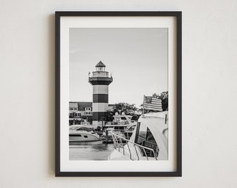 Fotografía en blanco y negro de la isla Hilton Head, faro de Harbour Town, Sea Pines, fotografía de Hilton Head, fotografía del faro, impresión de Lowcountry