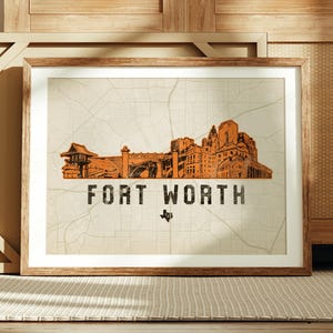 Fort Worth Skyline Print: Cityscape Illustration, Retro Map Art, Vintage Style Decor