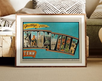 Saludos desde Knoxville, Tennessee. Lámina de arte de viajes de estilo moderno de mediados de siglo, decoración de postal vintage.
