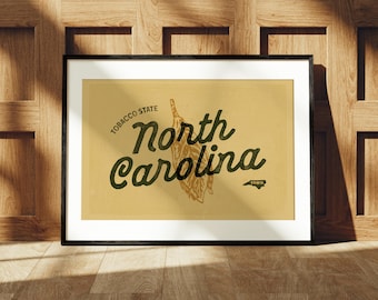 Retro North Carolina Art Print, Tarheel State, North Carolina Wall Decor, Rustic Travel Wall Art, Nostalgic Tobacco Print