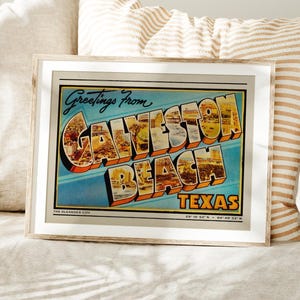 Retro Galveston Texas Print, Galveston Beach Art, Retro Texas Decor, Greetings from Galveston Beach, Retro Art, Old School Travel Art