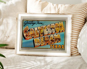 Retro Galveston Texas Print, Galveston Beach Art, Retro Texas Decor, Greetings from Galveston Beach, Retro Art, Old School Travel Art