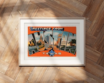 Postal con el mensaje "Saludos desde Austin, Texas", estilo americano, arte de viajes y diseño moderno de mediados de siglo.