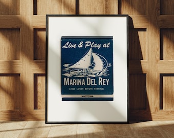Lámina decorativa de pared con diseño de caja de cerillas de Marina del Rey, decoración moderna de mediados de siglo, estilo vintage de California.