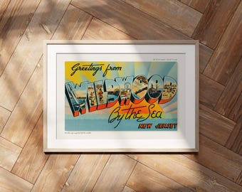 Saludos desde Wildwood, Nueva Jersey. Lámina de estilo retro americano, decoración de postales vintage, arte de viajes, estilo moderno de mediados de siglo.