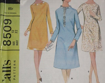 McCalls Printed Sewing Pattern ~ McCalls 8509 ~ Size 12 Bust 32 ~ 1966 Misses' Dress in Three Versions