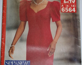 Butterick See & Sew Printed Pattern ~ Butterick See and Sew 6564 ~ Taglia 6-14 ~ 1992 Misses'/Misses' Petite Dress