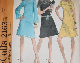 McCalls Printed Sewing Pattern ~ McCalls 2163 ~ Size 14 1/2 Bust 37 ~ 1969 Dress in Three Versions in Women's Sizes and Half Sizes