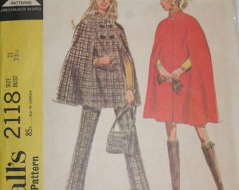 McCalls Printed Sewing Pattern ~ McCalls 2118 ~ Size 11 Bust 33 1/2 ~ 1969 Misses' and Junior Cape in Two Lengths and Pants