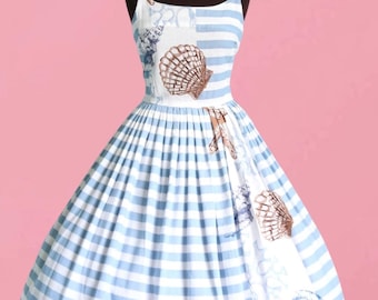 The Sea Shell Novelty Print Blue and White Full Pleated Cotton Dress S