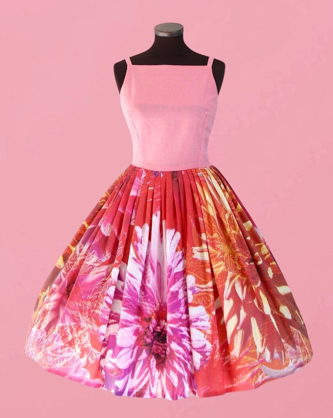 The Pink and Orange Floral Print Full Pleated Cotton Dress XS - Etsy