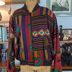 Vintage 90er Jahre RIDE Rayon Jacke südwestlichen Navajo abgeschnitten Bomber Jacke groß
