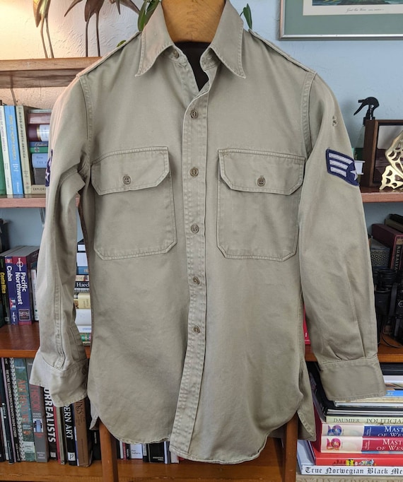 Vintage US Air Force Khaki Heavy Dress Shirt 1st Class Rank Airman sz 15