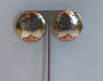 Mexican silver disc earrings with brass and copper