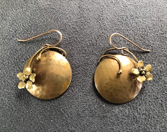 Artist made handmade vintage brass dangle earrings with flowers