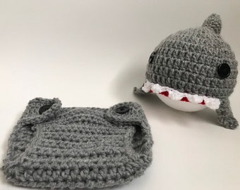 Crochet baby shark hat and diaper cover costume photo prop | Sizes available: Newborn to 24 months | Made to order