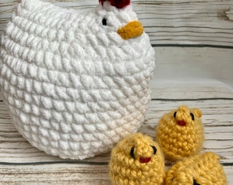 Crochet Mamma Chicken and baby chicks stuffed toy animal | Baby shower gift | Amigurumi | Made to order | Interactive toy