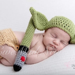 Crochet newborn yoda inspired baby photo prop hat, laser sword, diaper cover halloween costumesizes: newborn to 24 months available image 1