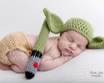 Crochet newborn yoda inspired baby photo prop hat, laser sword, diaper cover |halloween costume|sizes: newborn to 24 months available