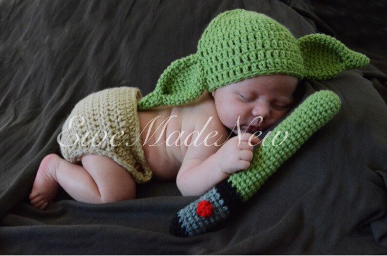 Crochet newborn yoda inspired baby photo prop hat, laser sword, diaper cover halloween costumesizes: newborn to 24 months available image 2