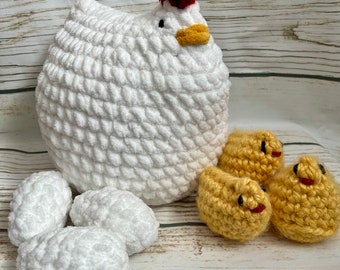 Crochet Mamma Chicken, baby chicks and eggs stuffed toy animal | Baby shower gift | Amigurumi | Made to order | Interactive toy