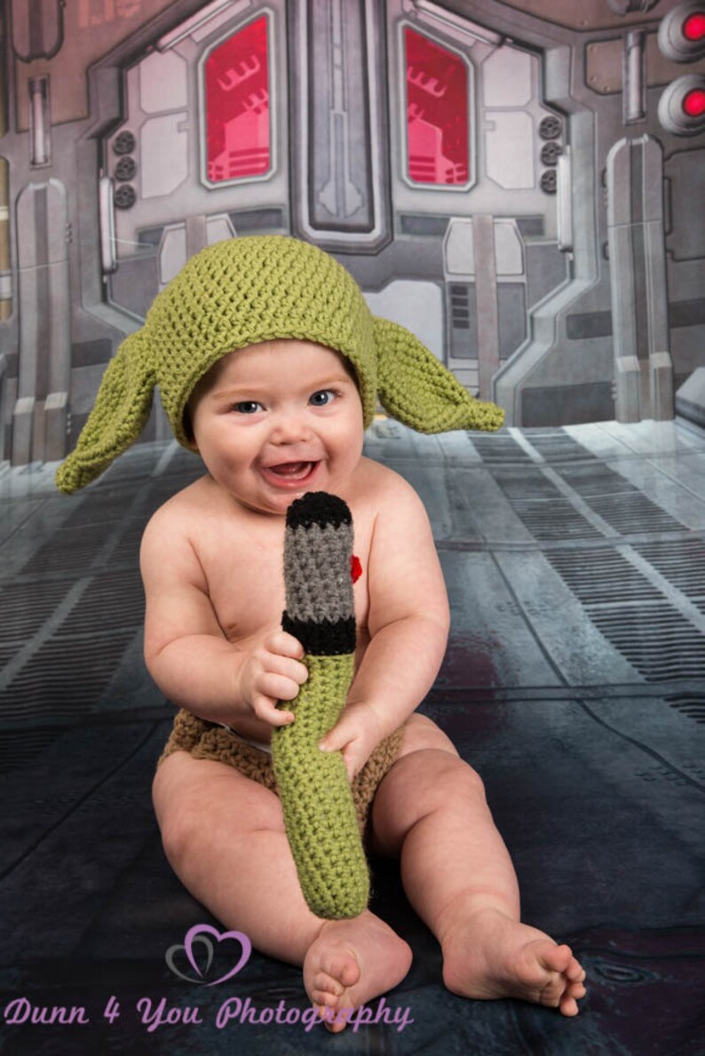 Crochet newborn yoda inspired baby photo prop hat, laser sword, diaper cover halloween costumesizes: newborn to 24 months available image 7